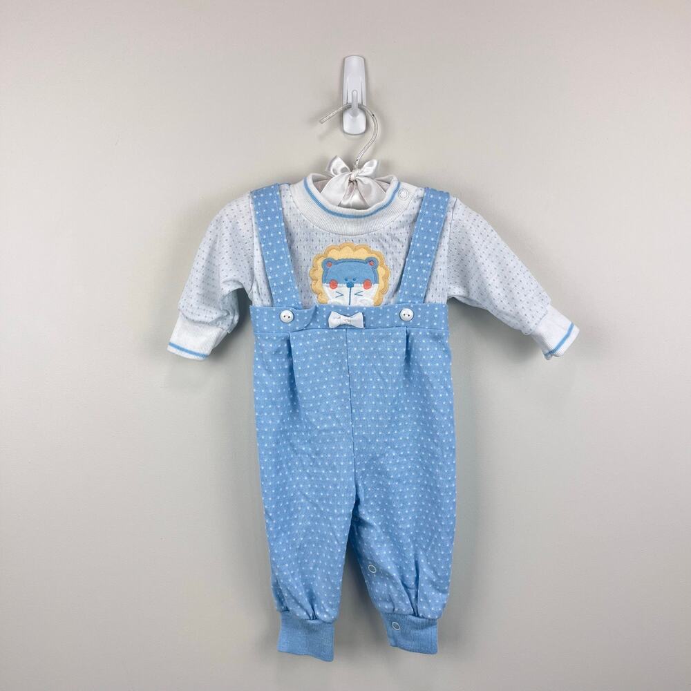 Vintage Healthtex Blue Polka Dot Applique Lion Romper 6 Months USA